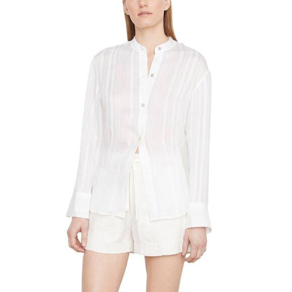 Vince Drapey Long Sleeve Stripe Band Collar Shirt Optic White V933612803-137O M - Picture 7 of 9